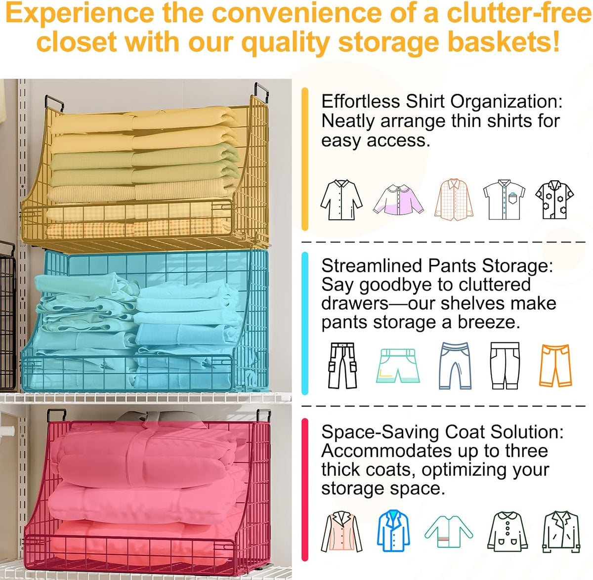 Lyuwanxian 4-Pack Stackable Wire Baskets for Closet Organizers and Storage, Open Storage Bins for Clothes, Toys, and Snacks - Rustic Metal Closet Organizer and Shelves in Black