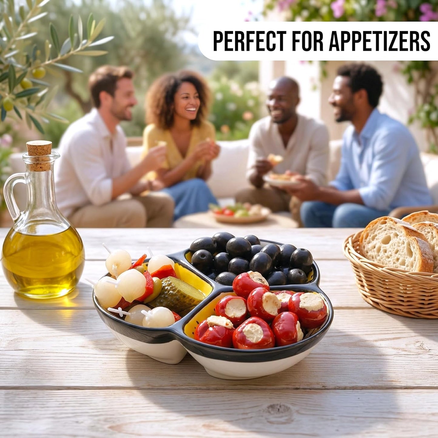 Ceramic Chip & Dip Bowl 7.5”, 3-Compartment Divided Serving Dish & Condiment Tray for Appetizers – Handmade in Spain, Lead-Free Glaze, Microwave, Oven & Dishwasher Safe