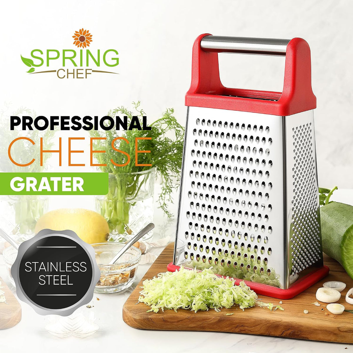 Spring Chef Stainless Steel XL Cheese Grater for Kitchen, Green