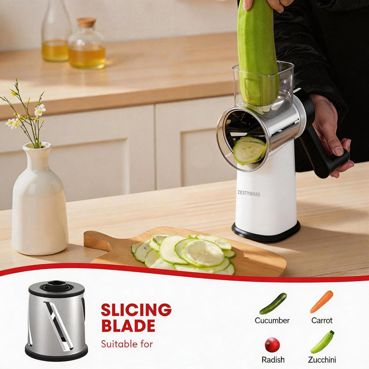 Rotary Cheese Grater Hand Crank with Foldable Handle, Three Blades