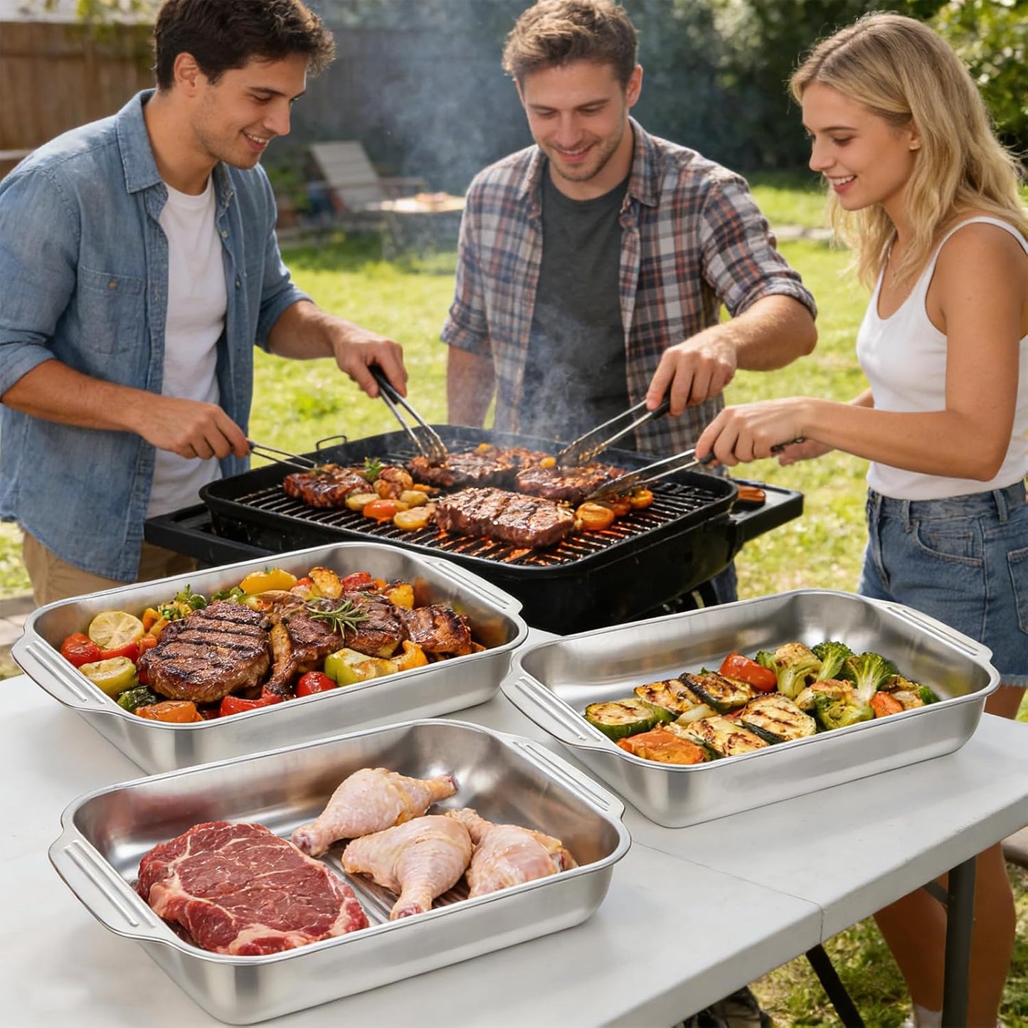 3 Pack Grilling Prep and Serve Trays Stainless Steel Grill Tray with Lid Grill Carry System for Large Capacity Food Prep Marinating Serving BBQ and Cooking Grilling Accessories Gifts for Men