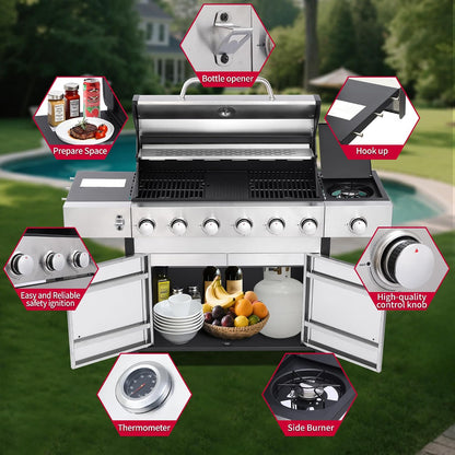 6-Burner BBQ Grill with Side Burner - 69,000 BTU Propane Gas Grill with Cast Iron Grate, Stainless Steel - 620 Sq. In. Cooking Area Cabinet Style Outdoor Grill for Barbecue & Backyard