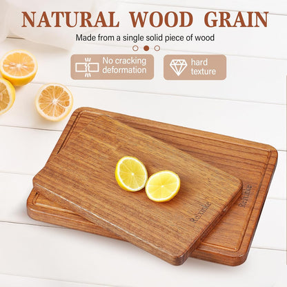 Solid Teak Wood Cutting Board Set One Piece Non Glued Large Thick Crack Resistant Wooden Chopping Board with DeepJuice Grooves Built in Handles for Kitchen Meat Bread 15x10.2IN &11.8 * 7.9IN