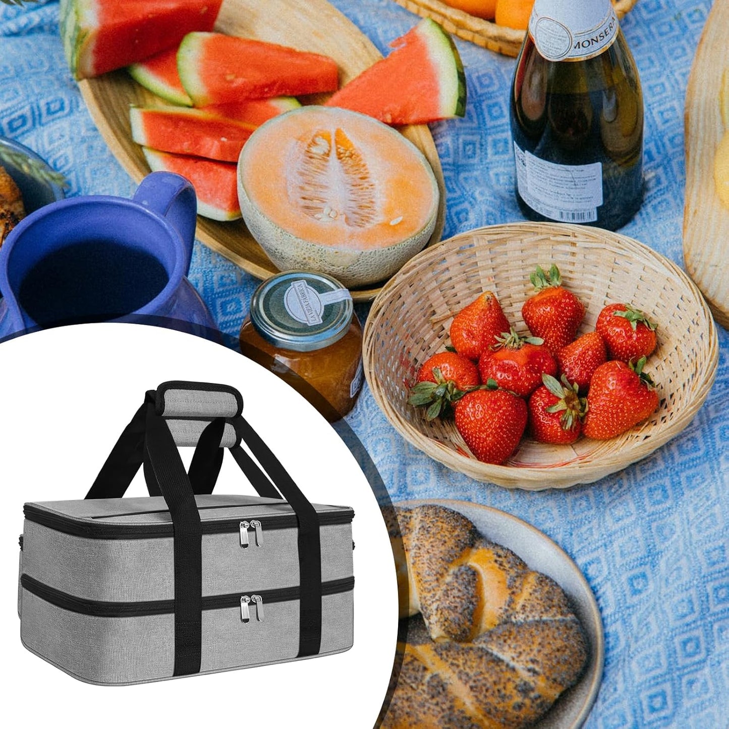 esouler Insulated Casserole Carrier - Casserole Carriers for Hot or Cold Food - Lasagna Lugger Dish Carrier, Thermal Lunch Bag for Potluck Parties, Picnic, Travel, Fits 9" x 13" Baking Dish, Grey