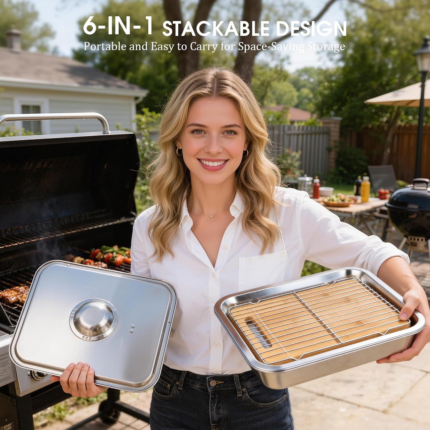 6-in-1 Grilling Prep and Serve Trays Set, 15.7" Stainless Steel Grill Carry System with Lid, Punched Tray, Draining Rack and Bamboo Cutting Board, BBQ Meat Marinade Container, Grilling Gifts for Men