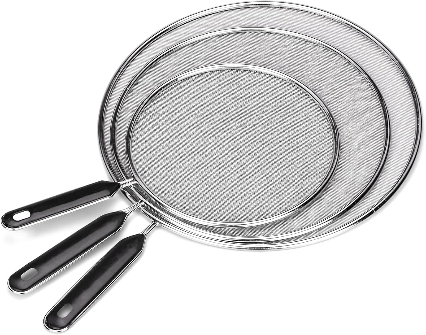 Splatter Screen for Frying Pan 13" 11.5" 9.8" Stainless Steel Fine Mesh Grease Splatter Guard with Comfort Silicone Handles and Resting Feet for Prevent Oil Splatter Safe Cooking