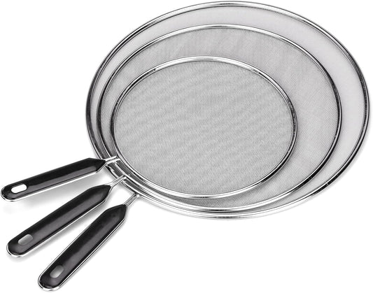 Splatter Screen for Frying Pan 13" 11.5" 9.8" Stainless Steel Fine Mesh Grease Splatter Guard with Comfort Silicone Handles and Resting Feet for Prevent Oil Splatter Safe Cooking