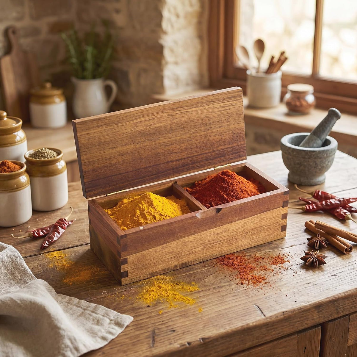 Acacia Wood Salt Cellar Spice Box with Magnetic Lid 29oz Large Capacity Salt Organizer 3 Compartments for Kitchen Countertop, Pepper, Seasonings, Spices, Grilling & Cooking