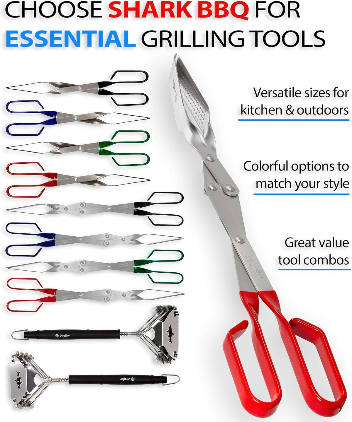 Steak Grill Tongs - 17 inch Red. Professional outdoor grilling utensil. Long reach Barbeque Grilling Tongs. Ideal for steak, fish, burger, and sausage