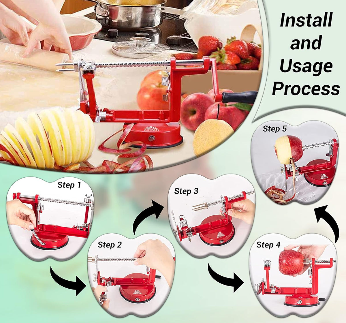 Apple Peeler Corer Slicer All in One – Apple Peeler Slicer Corer with Stainless Steel Blades, Multi-Function Apple Potato Peeler (Green Apple Peeler)
