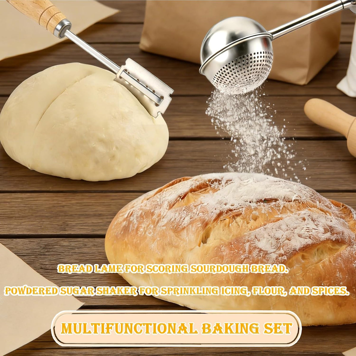 Bread Lame and Flour Duster Set, 304 Stainless Steel Sourdough Baking Tools