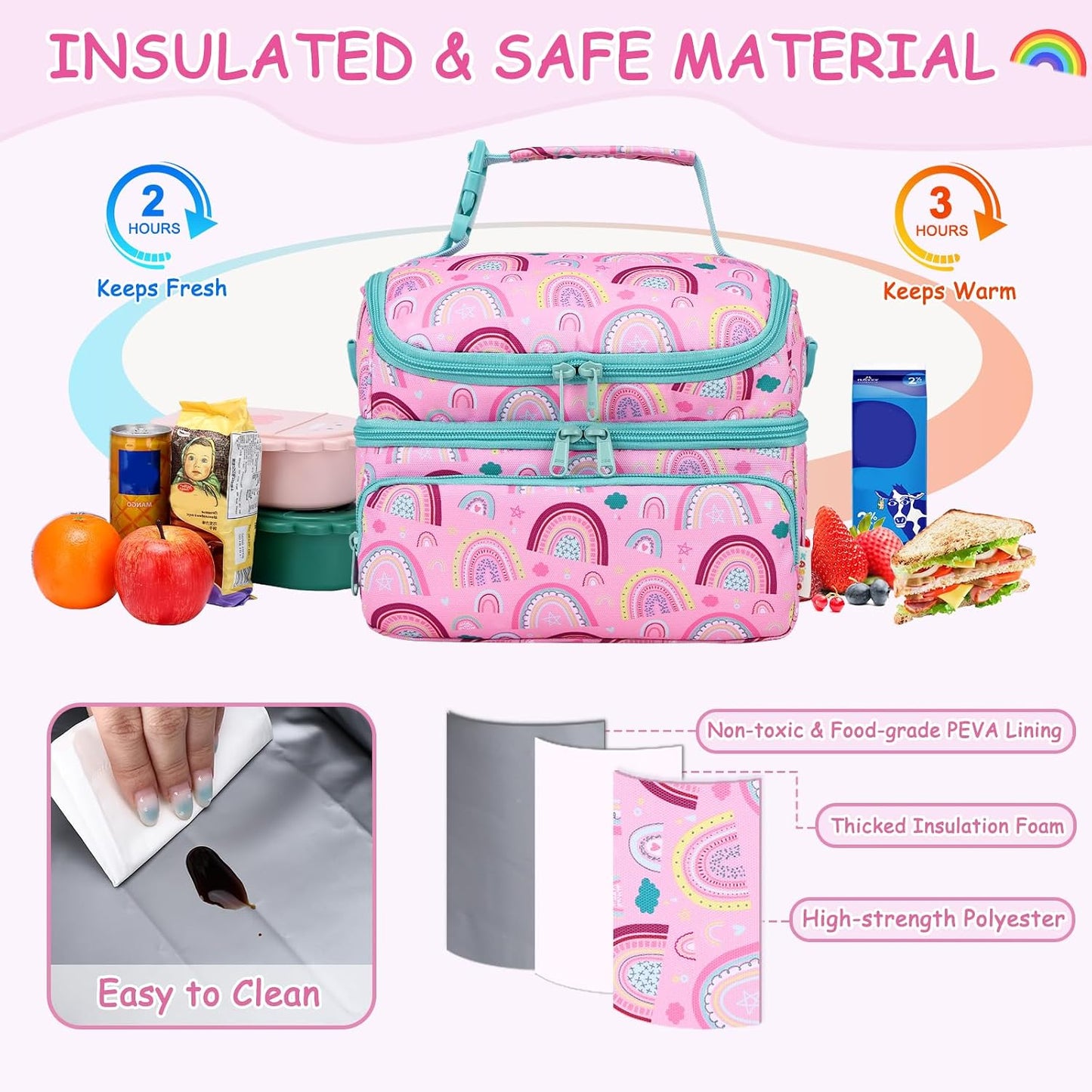 Kasqo Lunch Bag Kids, Dual Compartment Insulated Cooler Bag 7.5L Girls Boys Toddler Lunch Box Containers for Daycare School Kindergarten Travel Ombre Butterfly
