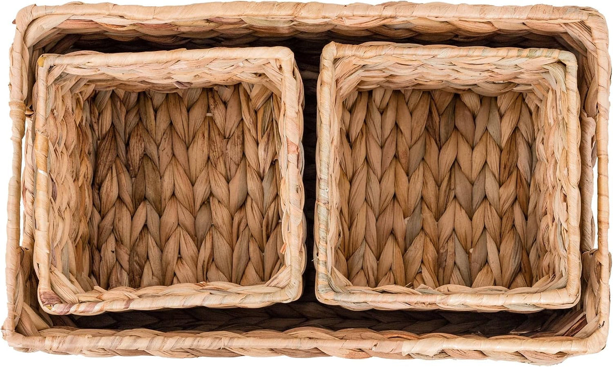3-Piece Woven Water Hyacinth Storage Basket Set – Large Rectangular 16.1" x 6.7" x 5.9", 2 Small Square 5.9" x 5.9" x 4.7", for Pantry or Shelf