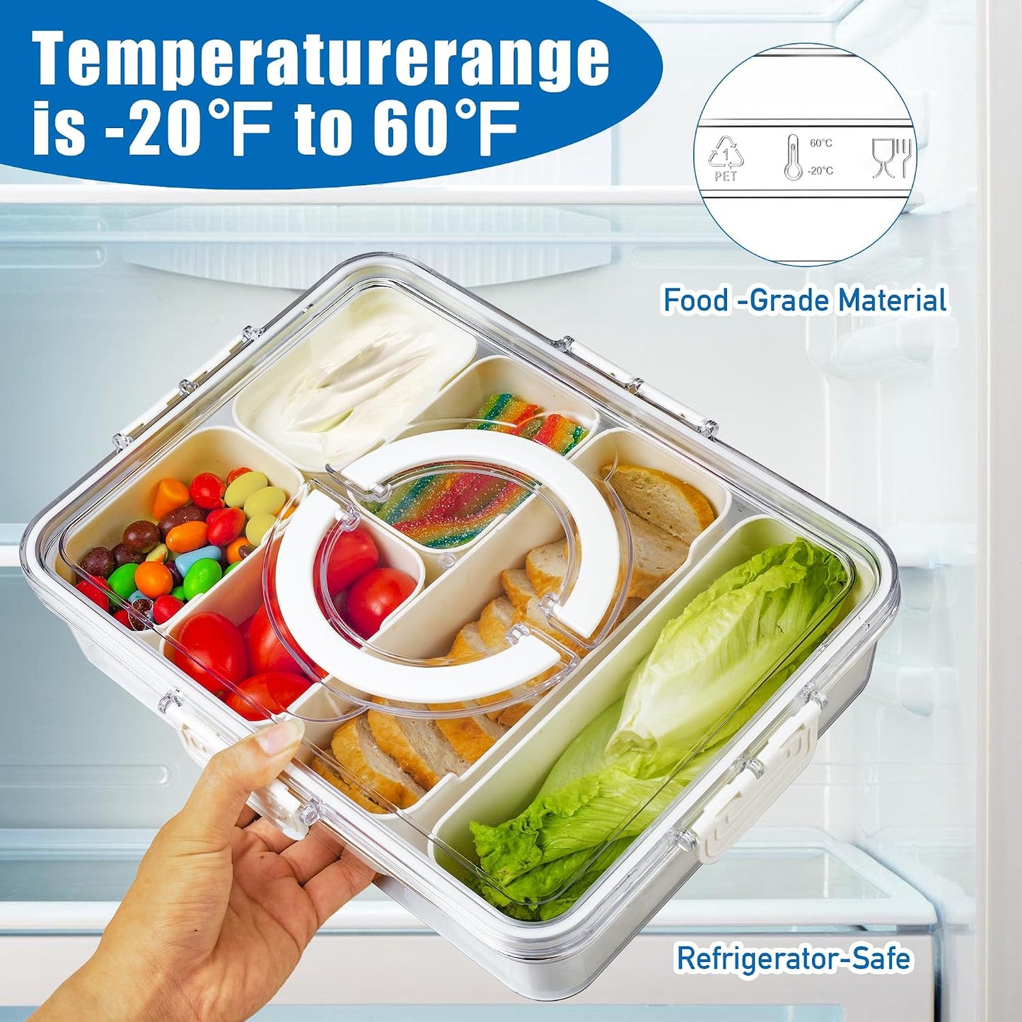 Bandesun Divided Serving Tray with Lid and Handle - Snackle Box Charcuterie Container for Portable Snack Platters - Clear Organizer for Candy, Fruits, Snacks，Nuts - Perfect (Pack of 2)