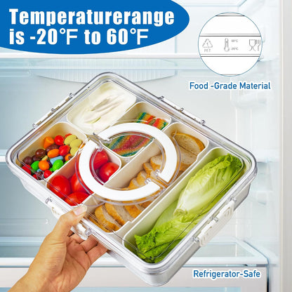 Bandesun Divided Serving Tray with Lid and Handle - Snackle Box Charcuterie Container for Portable Snack Platters - Clear Organizer for Candy, Fruits, Snacks，Nuts - Perfect (Pack of 2)