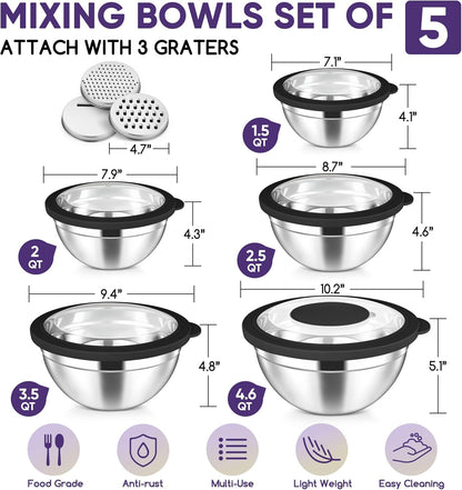 Herogo 5-Piece Mixing Bowls with Airtight Lids, 3 Grater Attachments, Stainless Steel Salad Serving Bowls for Kitchen, Size 4.6, 3.5, 2.5, 2, 1.5QT Ideal for Prepping & Cooking, Black
