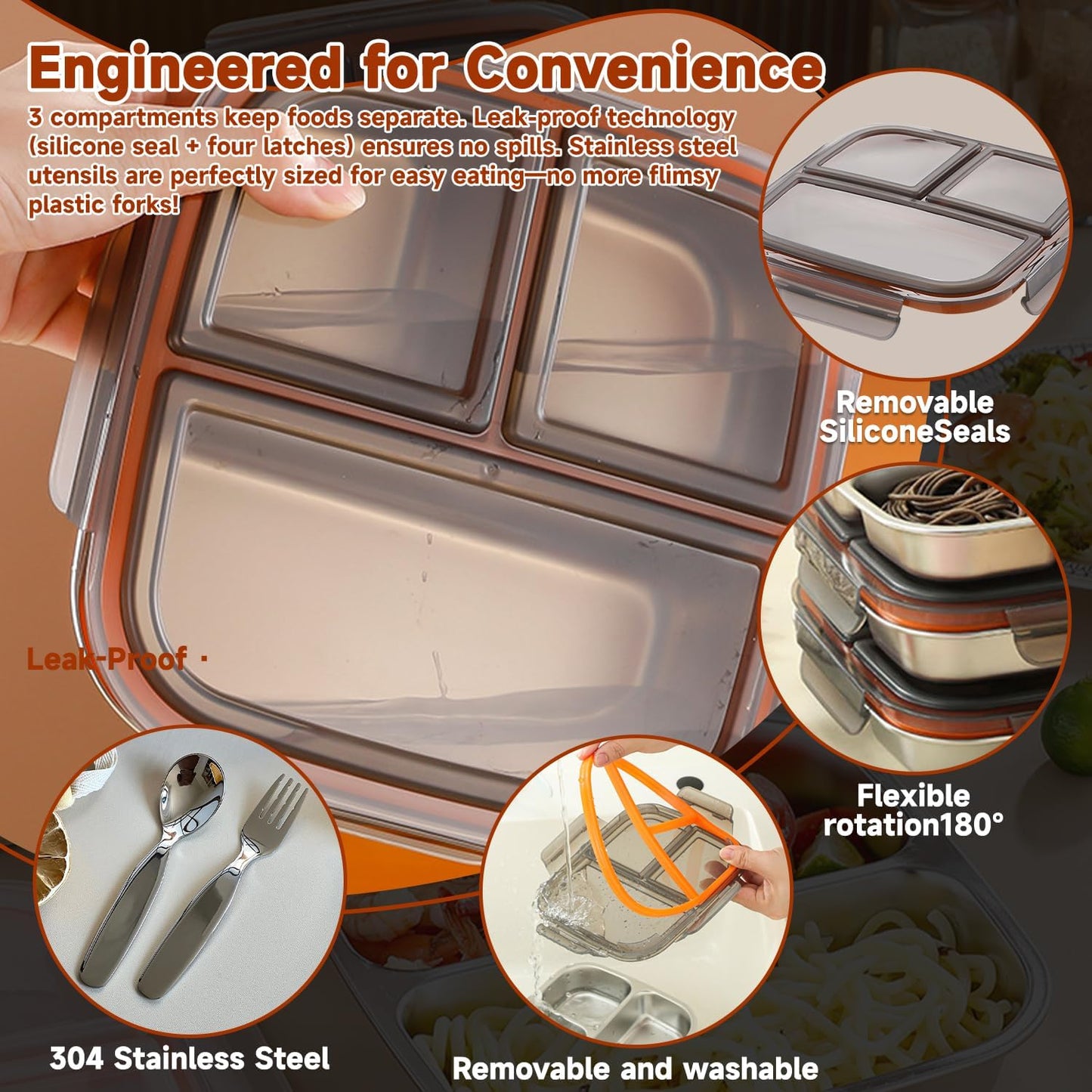 stainless steel lunch box for kids with lids & Spoon Fork & Insulated Bag, Leak-Proof 3 Compartment Food Containers, Food-Grade 304 Stainless Steel, Ideal for Home, Travel (Transparent black)