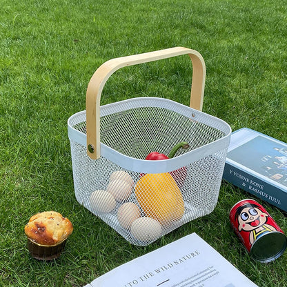 AJIODA Metal Mesh Wire Basket, Large Steel Basket with Wooden Handle Storage Organizer Basket Multi-functional Hanging Kitchen Baskets Fruit Baskets for Kitchen Bathroom Cabinet Pantry Snacks, Black