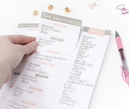 bloom daily planners Weekly Meal Planning Pad - Magnetic Hanging Refrigerator Menu Planner with Tear-Off Sheets & Perforated Grocery Shopping Lists - 6” x 9” (Grey & Pink)
