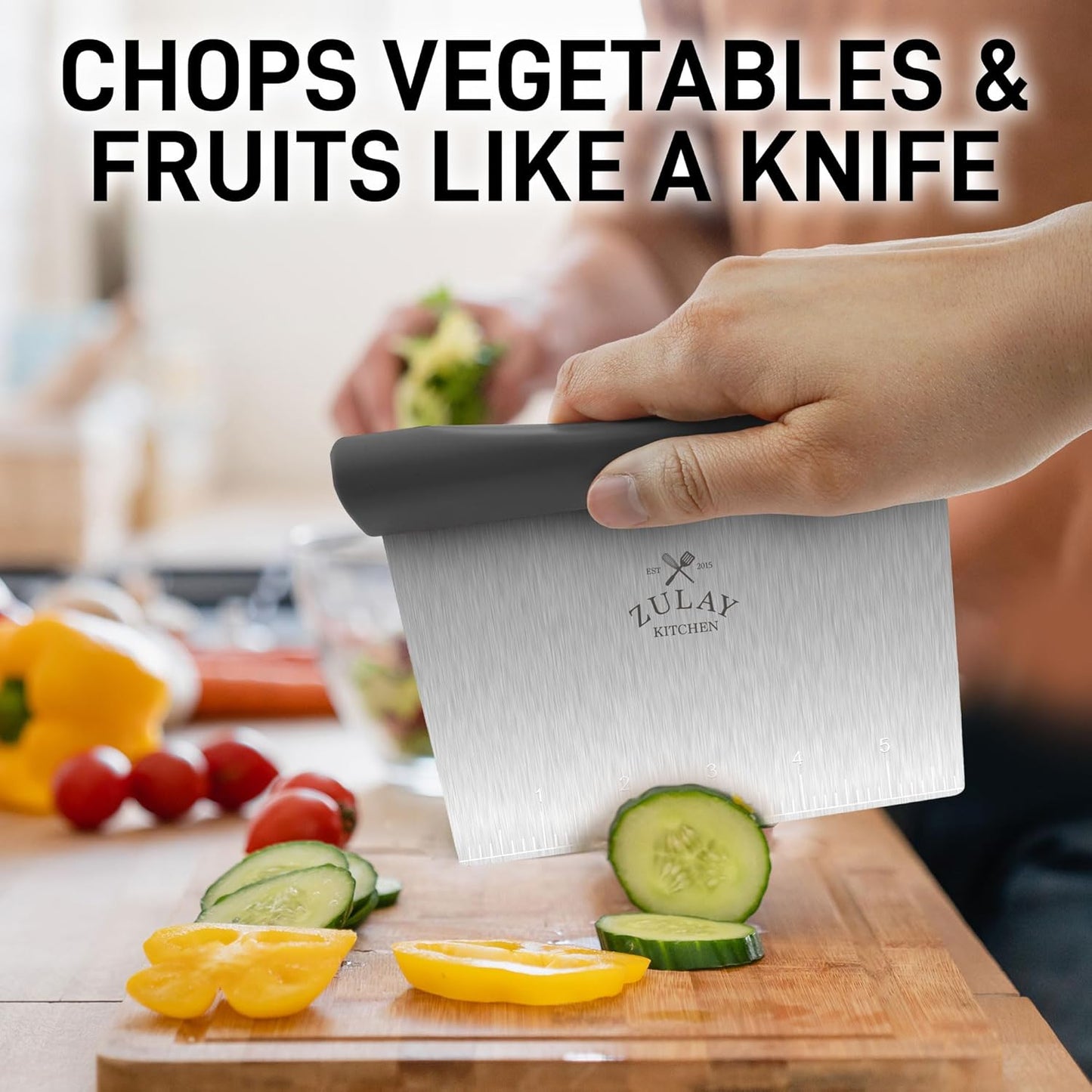 Zulay Premium Multi-purpose Stainless Steel Bench Scraper & Chopper, Easy to Read Etched Markings for Perfect Cuts, Quick & Easy Multi-use Dough Scraper, Dough Cutter & Pastry Scraper (Black)