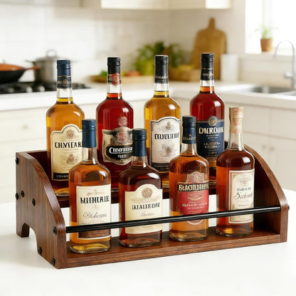 Countertop Liquor Bottle Organizer Shelf, 3-Tier | Rustic Display Rack, For Wine & Coffee Syrups, Freestanding Bar and Kitchen Storage, Easy-Carry Handles