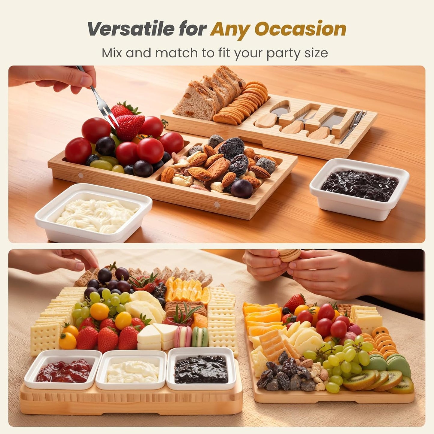 Large Charcuterie Board Set with Knife Set, 12.6" × 11.2" Square Fruit Tray, Bamboo Cheese Platter (Double-Drawer), Great for Group Gatherings, House Warming Gifts New Home, Birthday Gifts for Women