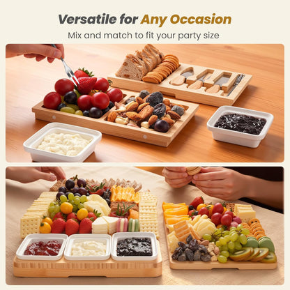 Large Charcuterie Board Set with Knife Set, 12.6" × 11.2" Square Fruit Tray, Bamboo Cheese Platter (Double-Drawer), Great for Group Gatherings, House Warming Gifts New Home, Birthday Gifts for Women