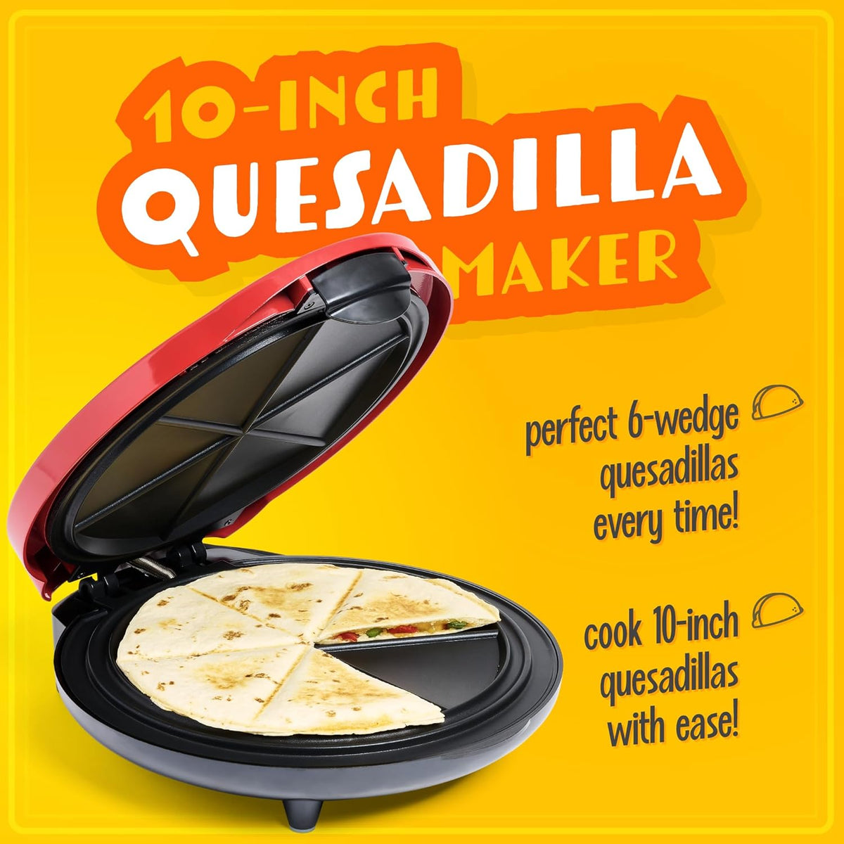 Taco Tuesday Deluxe 8-Inch 6-Wedge Electric Quesadilla Maker with Extra Stuffing Latch, Red
