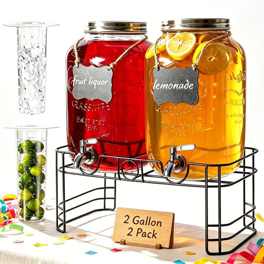 2 Gallon Drink Dispensers for Parties, 2 Pack Glass Beverage Dispenser with Stand & 18/8 Stainless Steel Spigot, Lemonade Jug for Wedding, Picnic, BBQ