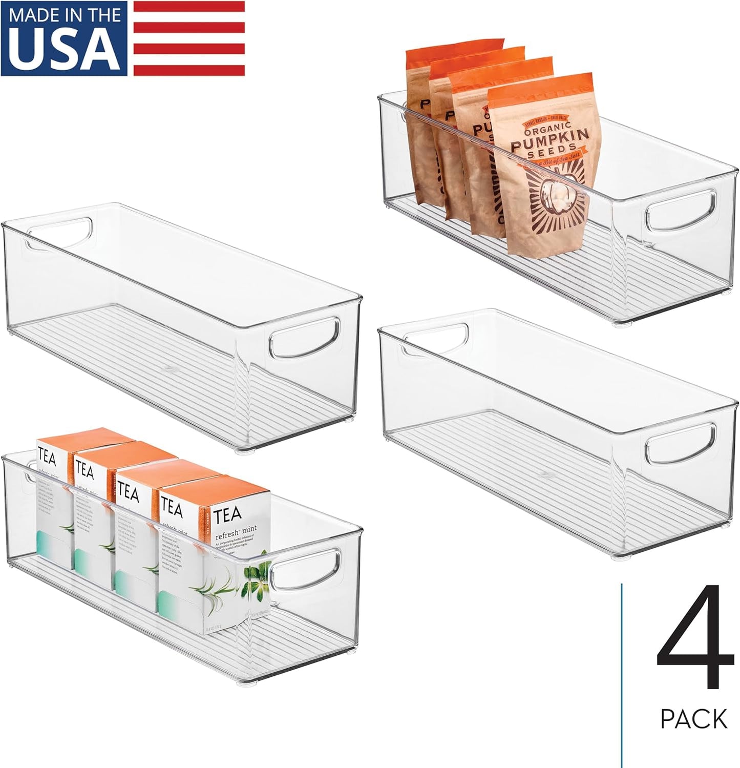 iDesign Plastic Stackable Pantry Bin - Storage Bin with Handles for Cabinets or Fridge - Set of 4 - Clear