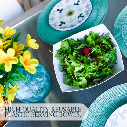 PLASTICPRO Disposable Square Serving Bowls, Party Snack or Salad Bowl, Plastic Clear or White Pack of 4 (16 OUNCE, White)