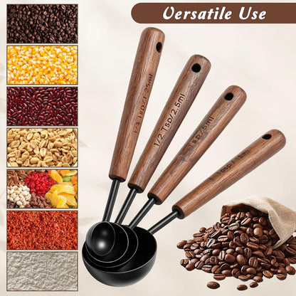 4 Pcs Wooden Handle Measuring Spoons, Black Stainless Steel Measuring Scoops Tablespoon Measure Cups for Kitchen Baking and Cooking (15ml, 5ml, 2.5ml, 1.25ml)