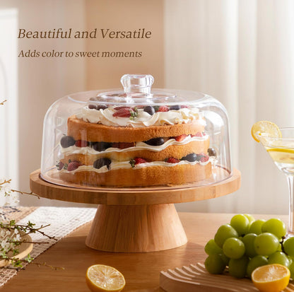 HBlife Cake Stand with Lid (11.4"), Multifunctional Cake Stand with Acrylic Dome, Acacia Wood 6-in-1 Cake Plate Display Stand with Cover for Baking Gifts, Birthday Kitchen Parties, Weddings