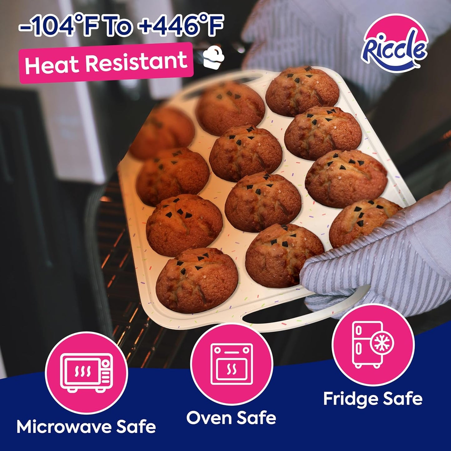 RICCLE 2 Pack Silicone Muffin Pans for Baking with Metal Reinforced Frame - Regular 12 Cup Silicone Muffin Pan & 24 Cup Mini Cupcake Pans - Silicone Cupcake Pan Set - Oven & Dishwasher Safe, BPA-Free
