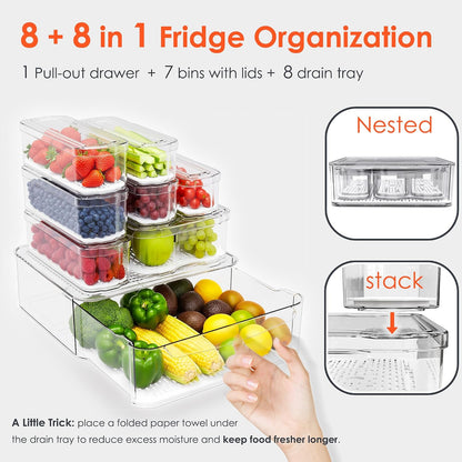 SMRCAD Fridge Organizers and Storage, 8 Pack Clear Freezer Organizer Bins with Lids for Kitchen, Pantry, Refrigerator, Food, Fruit, Vegetable Storage (8 Bins (Include Pull Out Drawer))