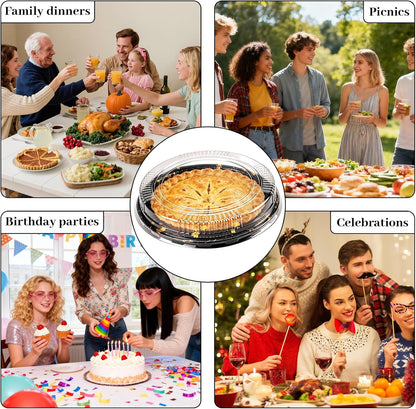 30 Pack 10 Inch Disposable Pie Carrier with Lid, Round Pie Platters Plastic Serving Tray, Catering Trays with Lids for Pies, Pizza, Desserts (Black Bottom + Clear Lid)