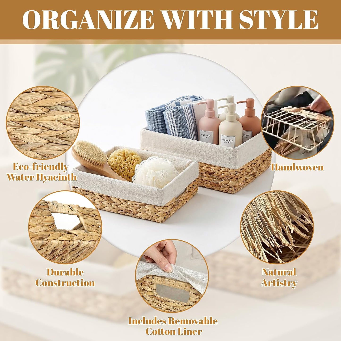 Set of 2 Hyacinth Woven Baskets, Lined Rect Pantry Shelf Storage Organizer | Durable, Long-lasting use, Removable & Washable Liner, Multi-Size Set for Versatile Storage,Two Rectangular Baskets