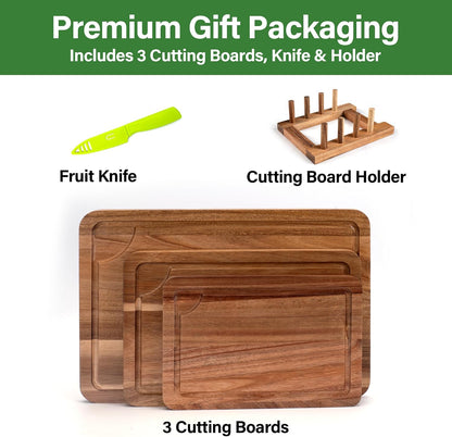 Wood Cutting Board Set of 4, Wooden Chopping Boards with Food Icons for Kitchen, Charcuterie Board for Meat, Vegetables, Fruits, Cheese