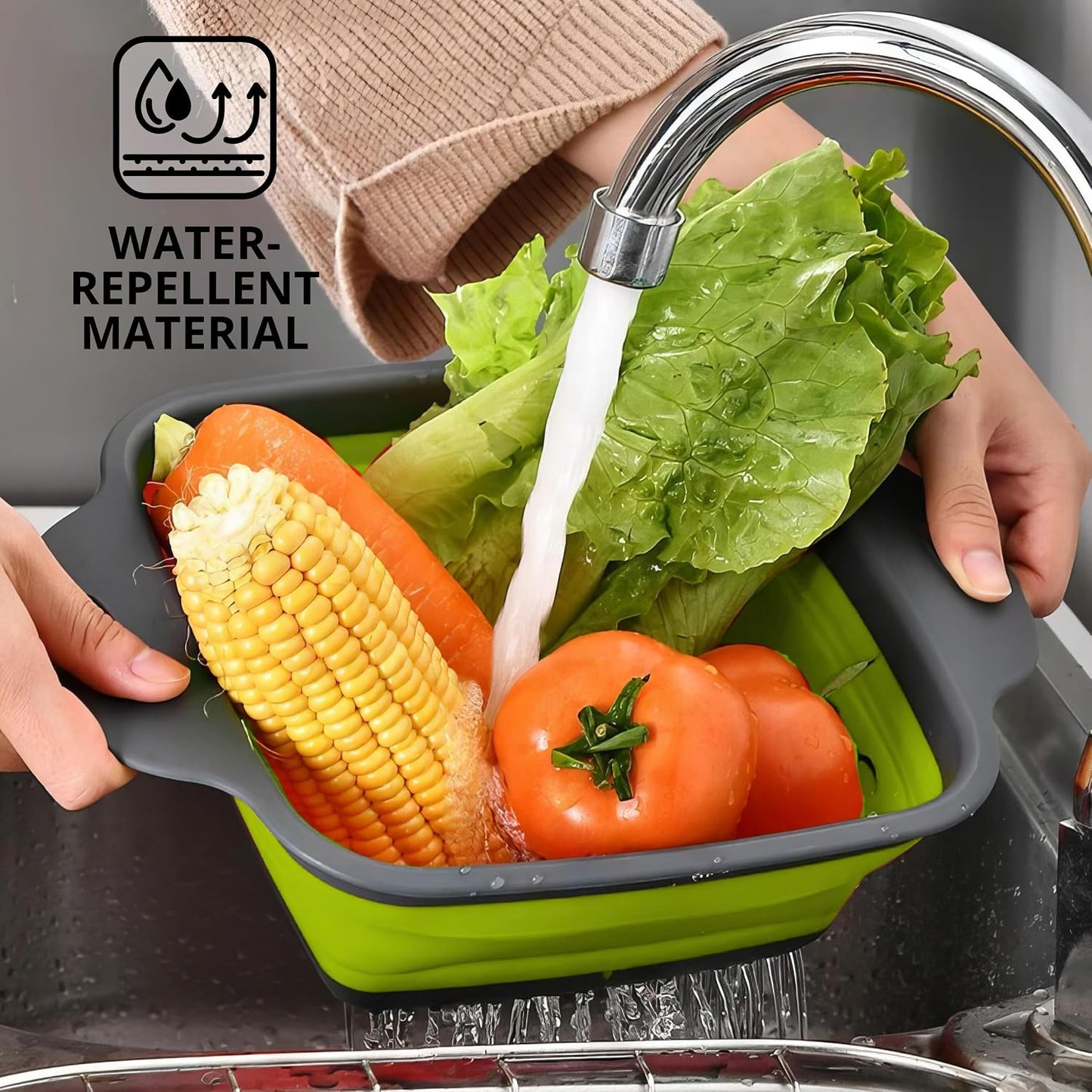 3PCS Green Foldable Kitchen Strainer Set – Silicone Colander Collapsible Strainers and Colanders Green Collander for Kitchen Collapsible Compact Drain Tools for Cooking Prep