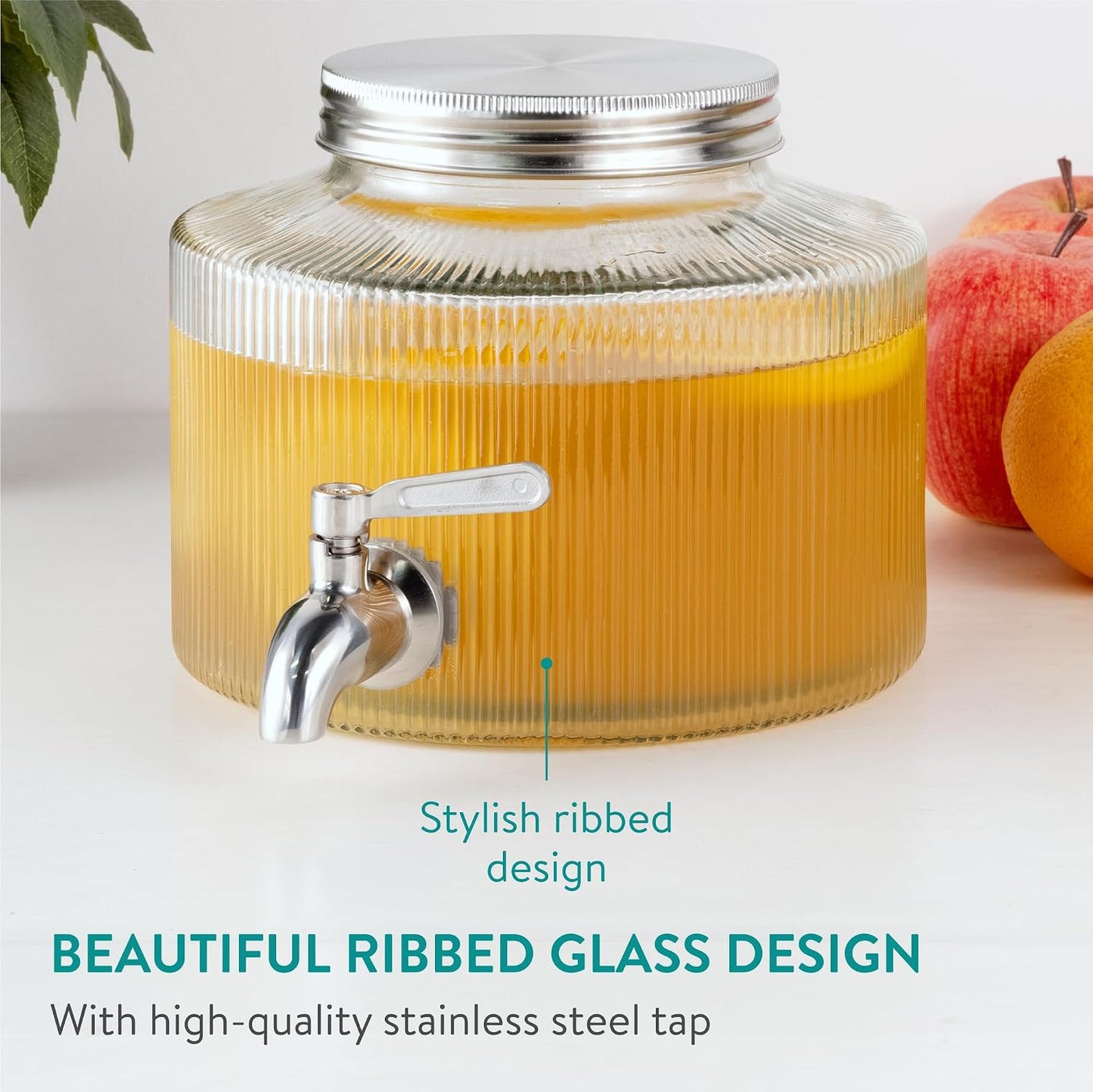 Navaris Glass Drink Dispenser with Tap - 0.7gal (2.7L) Ripple Design Beverage Dispenser - Party Beverage Container for Cocktails, Juice, Water - Ideal for Parties & Events
