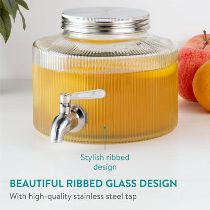 Navaris Glass Drink Dispenser with Tap - 0.7gal (2.7L) Ripple Design Beverage Dispenser - Party Beverage Container for Cocktails, Juice, Water - Ideal for Parties & Events