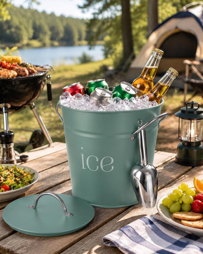 3Qt Black Galvanized Ice Bucket with Lid, Scoop & Handles - Ideal for Cocktails, Parties, BBQs, Wine & Champagne. Double-Layer Insulated Outer & Galvanized Inner Layer, Perfect for Home & Outdoor Use