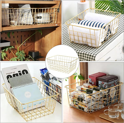 White Wire Storage Baskets,11.1"x8.7"x4.7"Wire Freezer Storage Organizer Bins Farmhouse Metal Freezer Basket with Handles for Cabinets, Pantry, Closets, Bedrooms,White,4 Pack