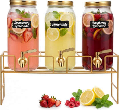 3 Pack 80 oz Glass Beverage Dispenser with Stand Clear Mason Jar Water Dispenser for Party, Fridge Includes Leakproof Stainless Steel Spigot, Black Lid and Label(Black)