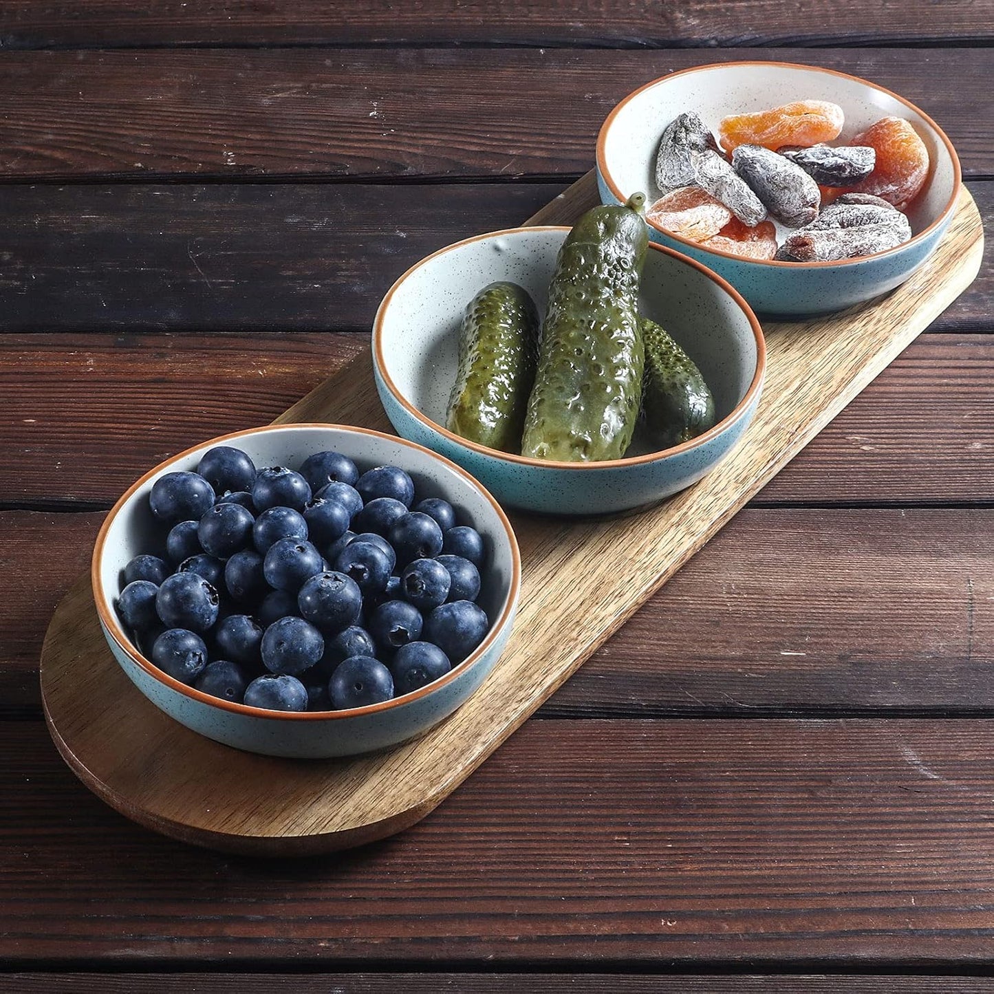 Artena 6oz Turquoise Solid Ceramic Chips and Dip Serving Platter with Acacia Wooden Tray, 4.5inch Glazing Small Serving Bowls/Dipping Dishes for Condiments,Side Dishes, Dipping, Pre, Dessert, Salsa