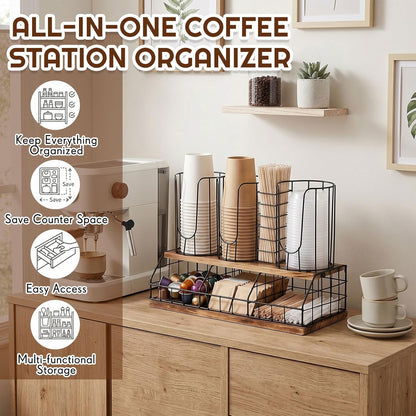 Geelin 18oz Adjustable Coffee Cup Dispenser with Wooden Base, Cup and Lid Holder, Cups Holder Organizer for Coffee Pod Straw and Lid Storage(2-compartment Single,Color 2)