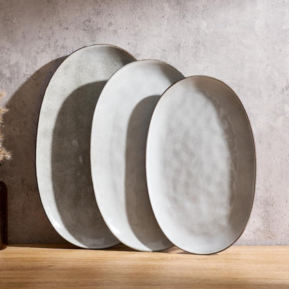 famiware Serving Platter, Oval 15.59/14.3/12.9inch Serving Dishes for Entertaining, Serving Bowls, Microwave Safe, Stoneware Serving Trays for Party, Food, Turkey, Cheese, Ocean Series, Vanilla White
