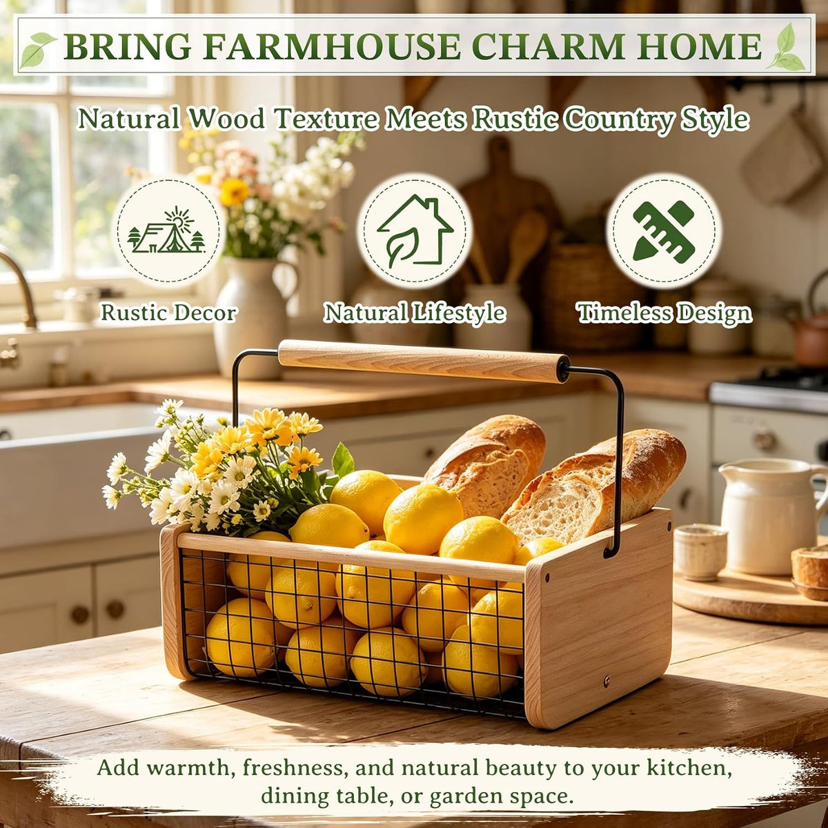 Garden Hod Harvest Basket, Wooden Garden Harvest Basket with Metal Mesh, Vegetable Gathering Basket for Fruit Picking, Rinse & Drain Gardening Basket for Kitchen, Picnic, Farmhouse Decor-Big