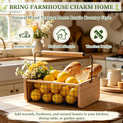 Garden Hod Harvest Basket, Wooden Garden Harvest Basket with Metal Mesh, Vegetable Gathering Basket for Fruit Picking, Rinse & Drain Gardening Basket for Kitchen, Picnic, Farmhouse Decor-Big