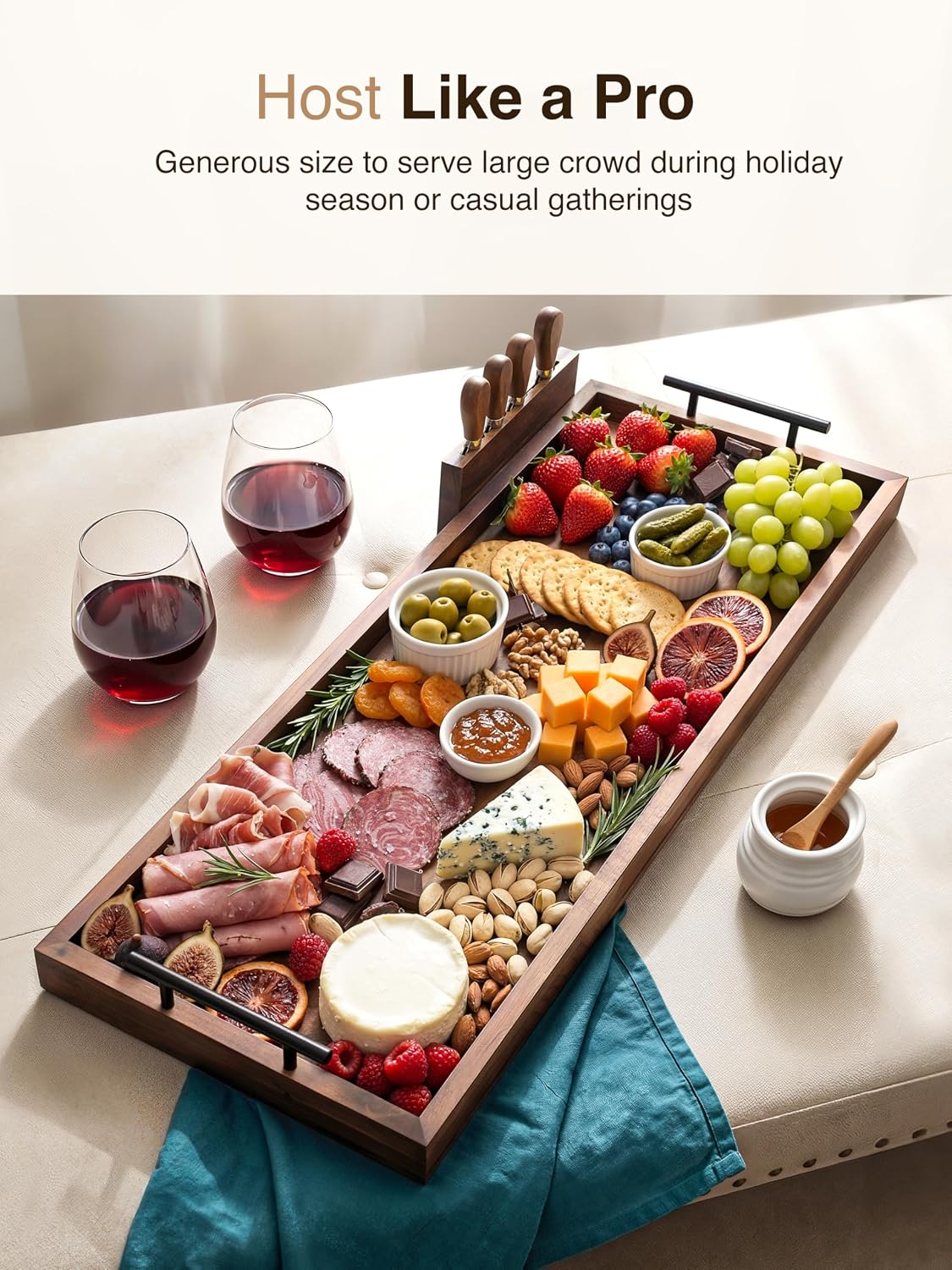 TIDITA Acacia Large Charcuterie Boards for Party with Cheese Knife Set of 4 – Acacia Wood Serving Tray with Handles, Long Charcuterie Board, Wooden Cheese Board (Walnut Color, 30 Inch)